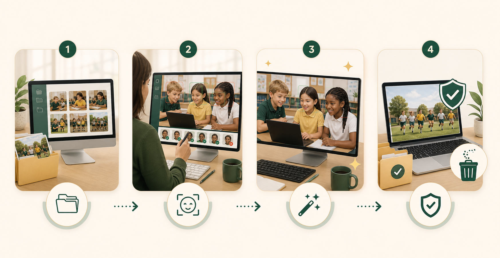 Illustrated four-step workflow showing import, review, generate and export